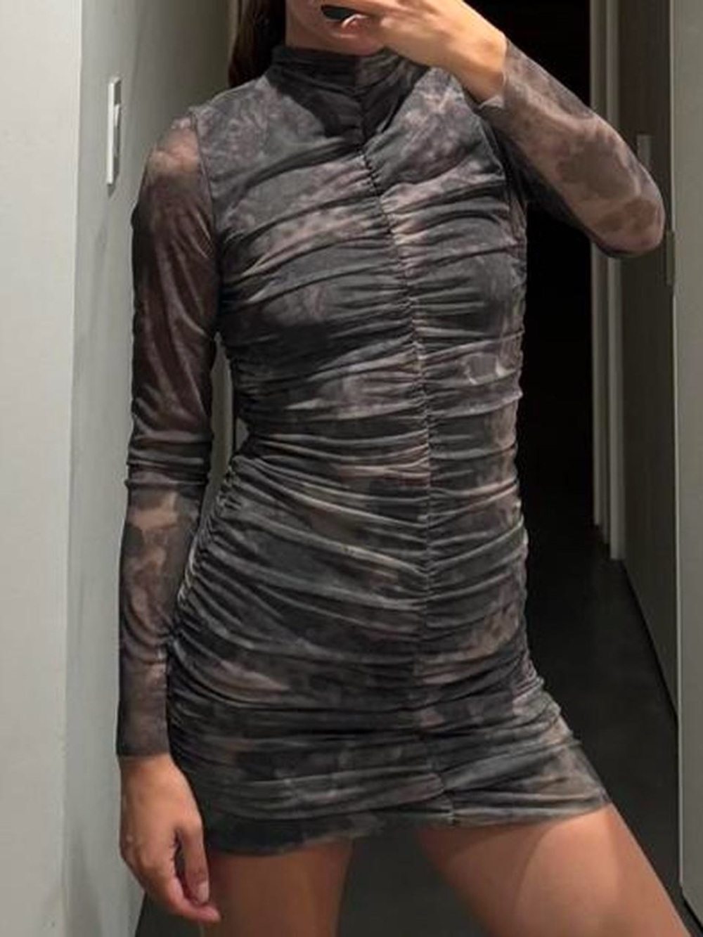 Zara Smoke-Patterned Ruched Mesh Mini Dress